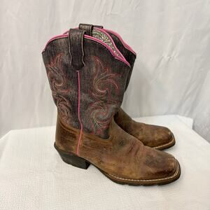 Dan Post Boots Girls Size 4 D Cowboy Western Square Toe Brown Leather Pink